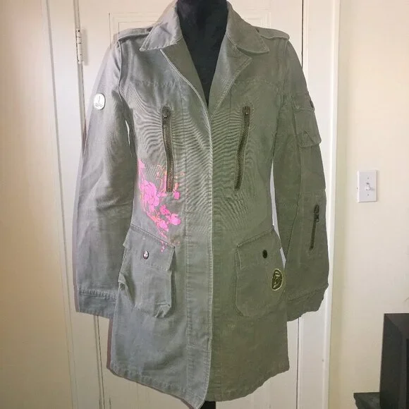 BB Dakota Vintage Olive Green Long Twill Utility Jacket - Size Small - Picture 1 of 15